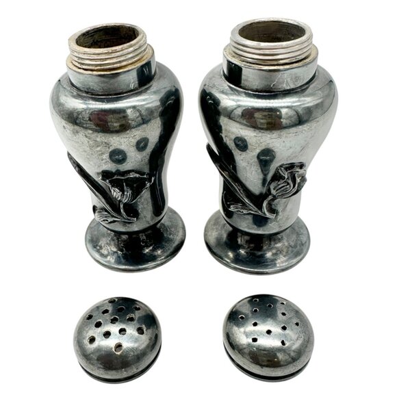 Vtg Forbes Silver Co Druple Salt and Pepper Shakers Tulip Motif Collectible 3 in - Picture 3 of 9